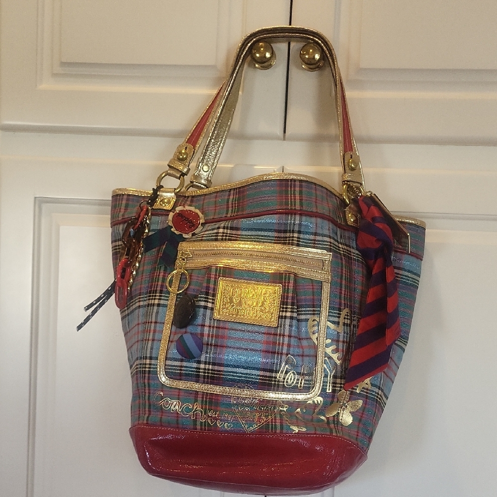 Coach Poppy Plaid Tote Bag with Gold, Blues, Greens and Reds.